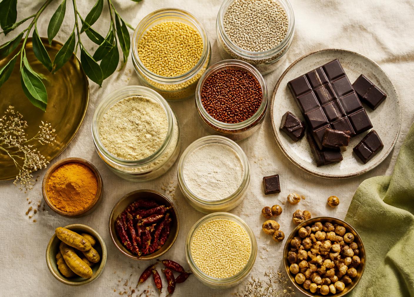 Sowify millets, spices, snacks and vegan chocolate laid out on linen